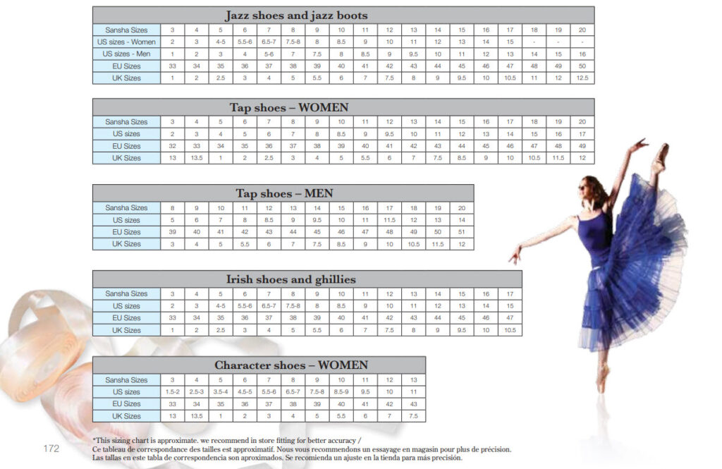 Tablas de Tallas Sansha Puntas de Ballet Medidas y Equivalencias